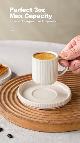 famiware Star Espresso Cups and Saucers Set of 4, 3 oz Ceramic Small Coffee Mug with Handle, Ribbed Stoneware Demitasse Cup for Cappuccino, Tea, Latte - Microwave & Dishwasher Safe - Matte White