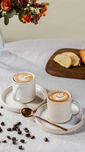 famiware Star Espresso Cups and Saucers Set of 4, 3 oz Ceramic Small Coffee Mug with Handle, Ribbed Stoneware Demitasse Cup for Cappuccino, Tea, Latte - Microwave & Dishwasher Safe - Matte White