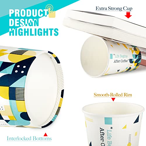Rillbus 100 Set Disposable Coffee Cups with Lids 12 oz, BPA Free Hot Paper Cups, To Go Coffee Cups with Geometric Pattern & Sayings for Coffee Tea Chocolate Hot Cold Drinks