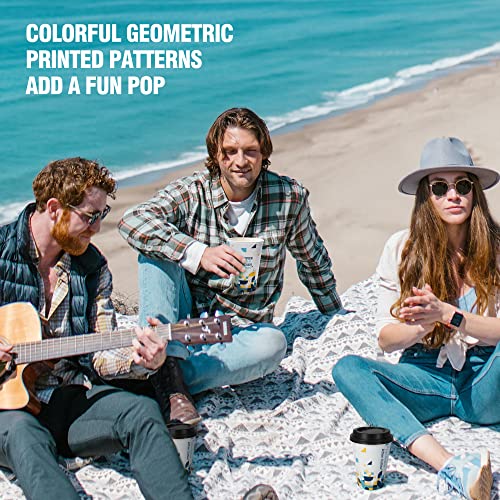 Rillbus 100 Set Disposable Coffee Cups with Lids 12 oz, BPA Free Hot Paper Cups, To Go Coffee Cups with Geometric Pattern & Sayings for Coffee Tea Chocolate Hot Cold Drinks