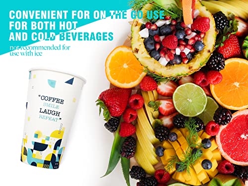 Rillbus 100 Set Disposable Coffee Cups with Lids 12 oz, BPA Free Hot Paper Cups, To Go Coffee Cups with Geometric Pattern & Sayings for Coffee Tea Chocolate Hot Cold Drinks