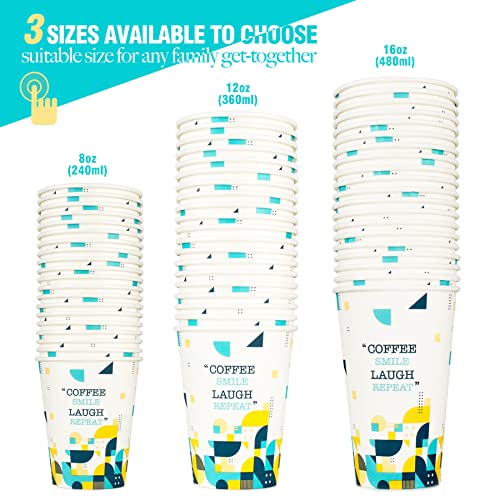 Rillbus 100 Set Disposable Coffee Cups with Lids 12 oz, BPA Free Hot Paper Cups, To Go Coffee Cups with Geometric Pattern & Sayings for Coffee Tea Chocolate Hot Cold Drinks