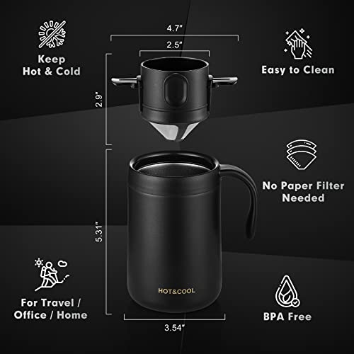 TEBICOO 16oz Camping Coffee Maker Pour Over Coffee Maker Set with Stainless Steel Coffee Mug + Collapsible Pour Over Coffee Filter - for Travel Camping Offices Backpacking