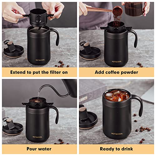 TEBICOO 16oz Camping Coffee Maker Pour Over Coffee Maker Set with Stainless Steel Coffee Mug + Collapsible Pour Over Coffee Filter - for Travel Camping Offices Backpacking