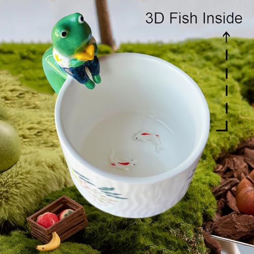 QILORYA Cute Frog Mug 15oz, Kawaii Ceramic Coffee Mug/Tea Cup with 3D Fish Inside, Novelty Hand-painted/Handmade 3D Animal Mug, Funny Gifts for Frog Lovers, Women, Men, Boys and Girls.