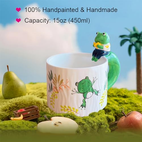 QILORYA Cute Frog Mug 15oz, Kawaii Ceramic Coffee Mug/Tea Cup with 3D Fish Inside, Novelty Hand-painted/Handmade 3D Animal Mug, Funny Gifts for Frog Lovers, Women, Men, Boys and Girls.