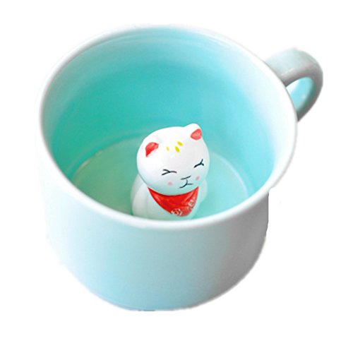 ZaH 3D Coffee Mug Cute Animal Inside Cup Cartoon Ceramics Figurine Teacup for Boys Girls Kids - Party Office Morning Mugs for Tea Juice Milk Chocolate Cappuccino (8 oz Fortune Cat)