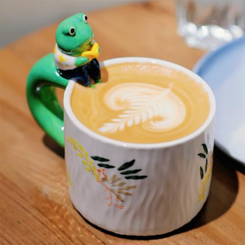 QILORYA Cute Frog Mug 15oz, Kawaii Ceramic Coffee Mug/Tea Cup with 3D Fish Inside, Novelty Hand-painted/Handmade 3D Animal Mug, Funny Gifts for Frog Lovers, Women, Men, Boys and Girls.