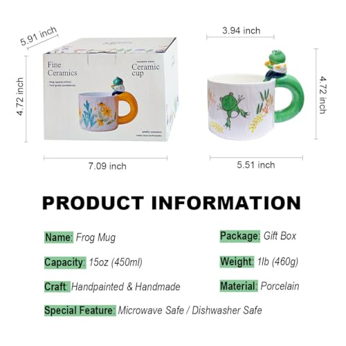 QILORYA Cute Frog Mug 15oz, Kawaii Ceramic Coffee Mug/Tea Cup with 3D Fish Inside, Novelty Hand-painted/Handmade 3D Animal Mug, Funny Gifts for Frog Lovers, Women, Men, Boys and Girls.