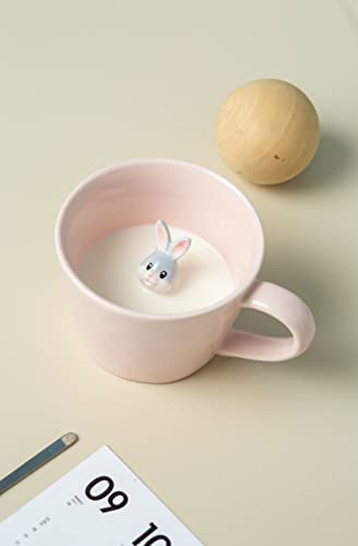 DIHOclub Rabbit Ceramic Cup Hidden 3D Animal Inside Mug,Cute Cartoon Bunny Handmade Figurine Mugs,Easter Gifts,12 OZ (Pink)
