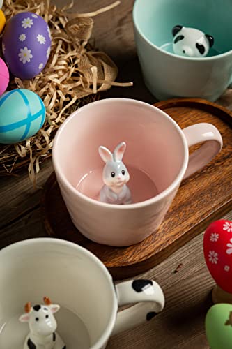 DIHOclub Rabbit Ceramic Cup Hidden 3D Animal Inside Mug,Cute Cartoon Bunny Handmade Figurine Mugs,Easter Gifts,12 OZ (Pink)