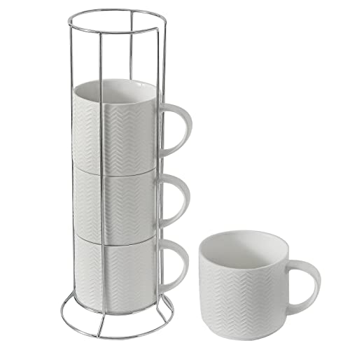 Hasense Coffee Mugs Set of 4 with Stand, 15 oz Porcelain Stackable Coffee Cups Set with handle for Tea, Latte, Milk and Cappuccino, White Embossed Tea Cups Set with Geometric Pattern for Men and Women
