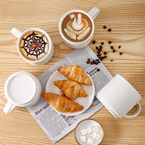 Hasense Coffee Mugs Set of 4 with Stand, 15 oz Porcelain Stackable Coffee Cups Set with handle for Tea, Latte, Milk and Cappuccino, White Embossed Tea Cups Set with Geometric Pattern for Men and Women