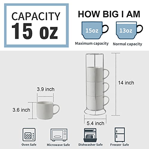 Hasense Coffee Mugs Set of 4 with Stand, 15 oz Porcelain Stackable Coffee Cups Set with handle for Tea, Latte, Milk and Cappuccino, White Embossed Tea Cups Set with Geometric Pattern for Men and Women