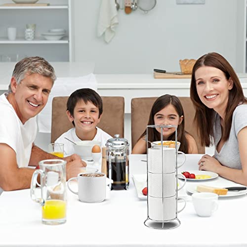 Hasense Coffee Mugs Set of 4 with Stand, 15 oz Porcelain Stackable Coffee Cups Set with handle for Tea, Latte, Milk and Cappuccino, White Embossed Tea Cups Set with Geometric Pattern for Men and Women