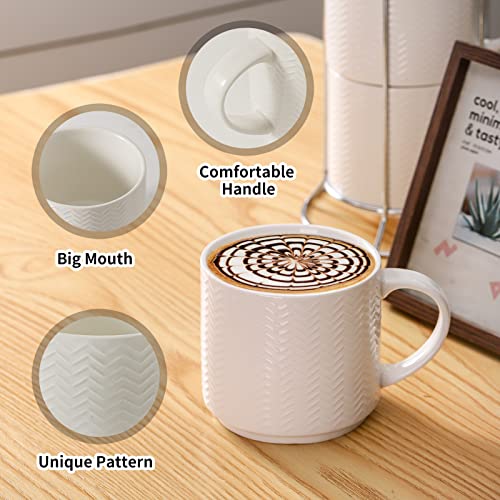 Hasense Coffee Mugs Set of 4 with Stand, 15 oz Porcelain Stackable Coffee Cups Set with handle for Tea, Latte, Milk and Cappuccino, White Embossed Tea Cups Set with Geometric Pattern for Men and Women
