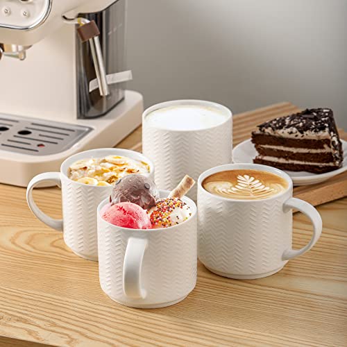 Hasense Coffee Mugs Set of 4 with Stand, 15 oz Porcelain Stackable Coffee Cups Set with handle for Tea, Latte, Milk and Cappuccino, White Embossed Tea Cups Set with Geometric Pattern for Men and Women