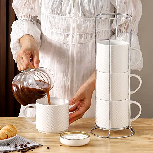Hasense Coffee Mugs Set of 4 with Stand, 15 oz Porcelain Stackable Coffee Cups Set with handle for Tea, Latte, Milk and Cappuccino, White Embossed Tea Cups Set with Geometric Pattern for Men and Women