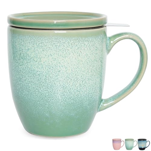 Bosmarlin Ceramic Tea Cup with Infuser and Lid, 16 Oz, Loose Leaf Tea Steeper Mug with Strainer, Microwave and Dishwasher Safe, Reactive Glaze (16 Oz, Pale Green)