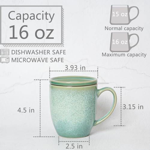 Bosmarlin Ceramic Tea Cup with Infuser and Lid, 16 Oz, Loose Leaf Tea Steeper Mug with Strainer, Microwave and Dishwasher Safe, Reactive Glaze (16 Oz, Pale Green)