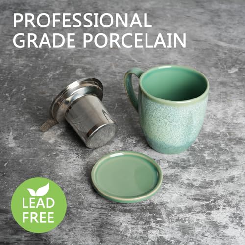 Bosmarlin Ceramic Tea Cup with Infuser and Lid, 16 Oz, Loose Leaf Tea Steeper Mug with Strainer, Microwave and Dishwasher Safe, Reactive Glaze (16 Oz, Pale Green)