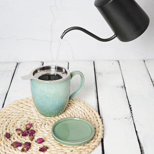 Bosmarlin Ceramic Tea Cup with Infuser and Lid, 16 Oz, Loose Leaf Tea Steeper Mug with Strainer, Microwave and Dishwasher Safe, Reactive Glaze (16 Oz, Pale Green)