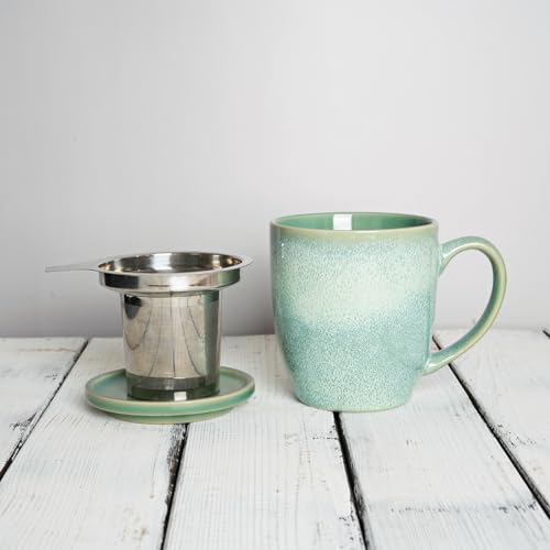 Bosmarlin Ceramic Tea Cup with Infuser and Lid, 16 Oz, Loose Leaf Tea Steeper Mug with Strainer, Microwave and Dishwasher Safe, Reactive Glaze (16 Oz, Pale Green)