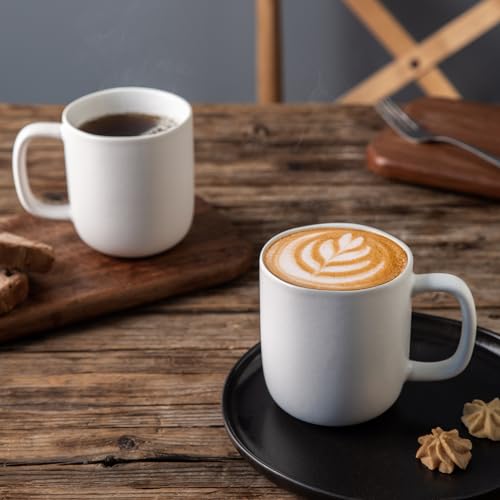 AmorArc 14oz Coffee Mugs Set of 6, Ceramic Coffee Mugs with Large Handle & Wavy Rim for Latte/Hot Cocoa/Tea, Stylish Coffee Mugs for Men Women. Oven,Dishwasher&Microwave Safe, Matte White