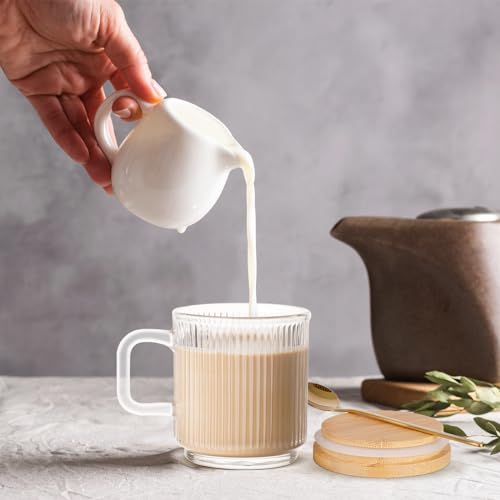 Glass Coffee Mugs, 11oz Glass Coffee Cups with Bamboo Lids and Spoon, Clear Coffee Cups Set of 2, Espresso Cups for Coffee Bar Accessories, Cute Ribbed Glassware Set for Latte, Cappuccino, Tea, Gift