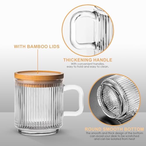 Glass Coffee Mugs, 11oz Glass Coffee Cups with Bamboo Lids and Spoon, Clear Coffee Cups Set of 2, Espresso Cups for Coffee Bar Accessories, Cute Ribbed Glassware Set for Latte, Cappuccino, Tea, Gift