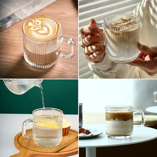 Glass Coffee Mugs, 11oz Glass Coffee Cups with Bamboo Lids and Spoon, Clear Coffee Cups Set of 2, Espresso Cups for Coffee Bar Accessories, Cute Ribbed Glassware Set for Latte, Cappuccino, Tea, Gift
