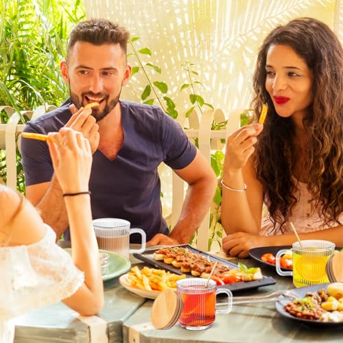 Glass Coffee Mugs, 11oz Glass Coffee Cups with Bamboo Lids and Spoon, Clear Coffee Cups Set of 2, Espresso Cups for Coffee Bar Accessories, Cute Ribbed Glassware Set for Latte, Cappuccino, Tea, Gift