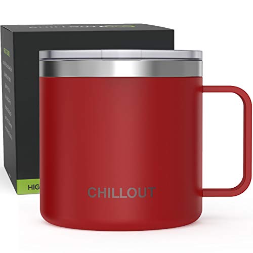 CHILLOUT LIFE Stainless Steel 16 oz Vacuum Insulated Coffee Mug with Handle and Lid, Large Thermal Camping Coffee Mug Cup with Durable Sliding Lid for Men & Women, Keeps your Beverages Hot & Cold