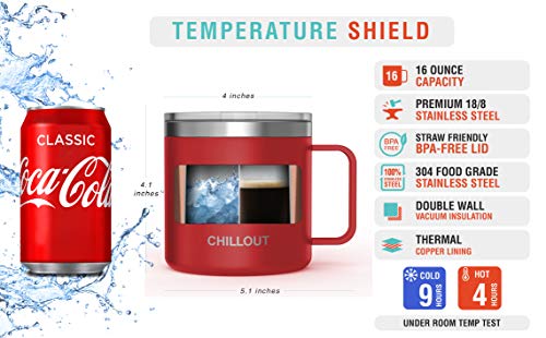CHILLOUT LIFE Stainless Steel 16 oz Vacuum Insulated Coffee Mug with Handle and Lid, Large Thermal Camping Coffee Mug Cup with Durable Sliding Lid for Men & Women, Keeps your Beverages Hot & Cold