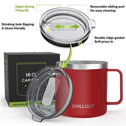 CHILLOUT LIFE Stainless Steel 16 oz Vacuum Insulated Coffee Mug with Handle and Lid, Large Thermal Camping Coffee Mug Cup with Durable Sliding Lid for Men & Women, Keeps your Beverages Hot & Cold