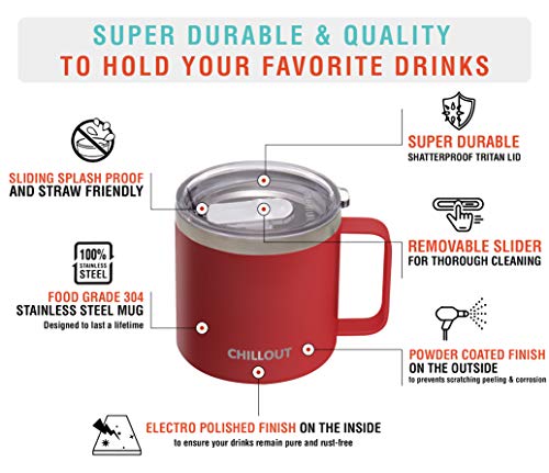 CHILLOUT LIFE Stainless Steel 16 oz Vacuum Insulated Coffee Mug with Handle and Lid, Large Thermal Camping Coffee Mug Cup with Durable Sliding Lid for Men & Women, Keeps your Beverages Hot & Cold