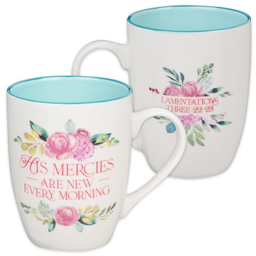 Christian Art Gifts Inspirational Ceramic Coffee & Tea Mug for Women: Mercies are New Every Morning Encouraging Bible Verse, Microwave & Dishwasher Safe Novelty Drinkware, White & Pink Floral 12 oz.