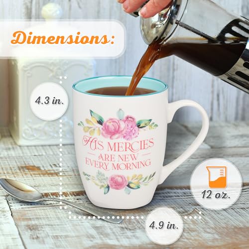 Christian Art Gifts Inspirational Ceramic Coffee & Tea Mug for Women: Mercies are New Every Morning Encouraging Bible Verse, Microwave & Dishwasher Safe Novelty Drinkware, White & Pink Floral 12 oz.