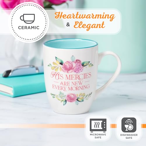 Christian Art Gifts Inspirational Ceramic Coffee & Tea Mug for Women: Mercies are New Every Morning Encouraging Bible Verse, Microwave & Dishwasher Safe Novelty Drinkware, White & Pink Floral 12 oz.