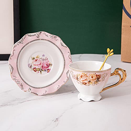 fanquare 7oz Porcelain Tea Cup with Saucer, Flower Ceramic Coffee Cup with Gold Trim, Spoon, European Style Pink Tea Cup for Gift