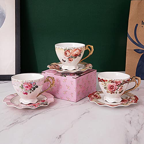 fanquare 7oz Porcelain Tea Cup with Saucer, Flower Ceramic Coffee Cup with Gold Trim, Spoon, European Style Pink Tea Cup for Gift