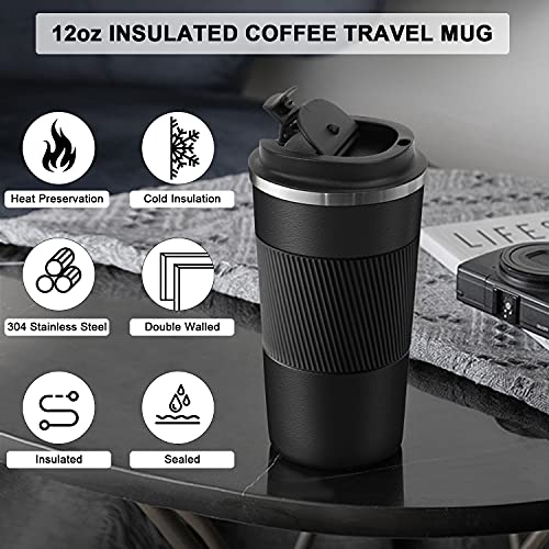 AZFUNN 12oz Travel Mug for Car with Leakproof Lid, Coffee Cup Insulated Double Walled Vacuum Stainless Steel Travel Tumbler for Keep Hot & Ice Coffee Tea Beer (Black)