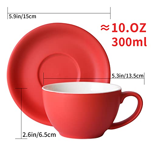 Yundu Porcelain Latte Cup and Saucer - 10 oz for Cappuccino,Tea,Cafe Mocha, Set of 4,Matte Mixed Color