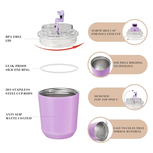 Puraville Insulated Tumblers with Lid, 10 oz Travel Coffee Mug Stainless Steel Vacuum Thermos Cup, 10/14 oz Leak Proof Reusable Double Walled Coffee Tumbler for Iced and Hot Drinks,Lilac