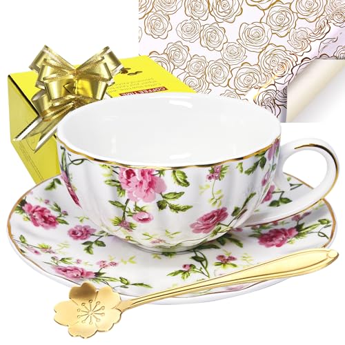 TEVLAUXO Porcelain Tea Cups and Saucers Set of 1,Coffee Cup,Fine Bone China,Floral,Vintage,Flower Pattern,with Gold Trim,Spoon,Handle,Antiqued Ceramic,Espresso Drink,for Women Gift Boxes,Tea Party