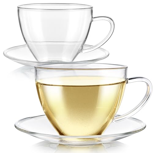 Teabloom Royal Teacup and Saucer Set 2-Pack – Medium Teacup Size – 8 OZ/ 240 ML Capacity – Crystal Clear Classic Design – Premium Borosilicate Glass – Stain-free and Heat Resistant