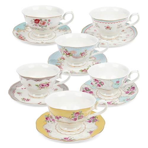 fanquare Colorful Floral Porcelain Coffee Cup with Saucer, British Tea Cups Set for 6, Classic Rose Tea Party Set for Women