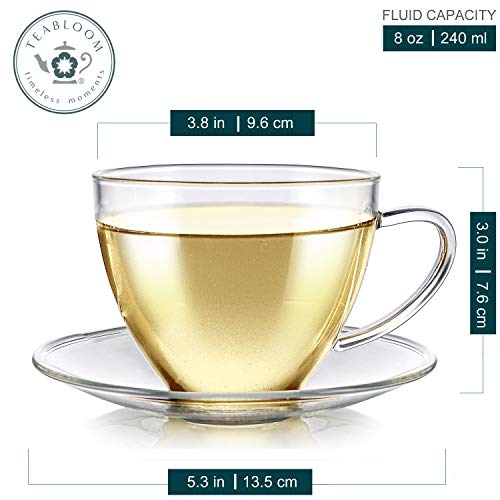 Teabloom Royal Teacup and Saucer Set 2-Pack – Medium Teacup Size – 8 OZ/ 240 ML Capacity – Crystal Clear Classic Design – Premium Borosilicate Glass – Stain-free and Heat Resistant