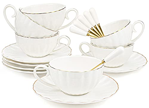 Yesland Set of 6 Royal Tea Cups and Saucers with Gold Trim, 8 oz White Porcelain Tea Set & British Coffee Cups, White Latte Cups and Espresso Mug for Specialty Coffee Drinks, Latte, Cafe Mocha, Tea