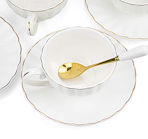 Yesland Set of 6 Royal Tea Cups and Saucers with Gold Trim, 8 oz White Porcelain Tea Set & British Coffee Cups, White Latte Cups and Espresso Mug for Specialty Coffee Drinks, Latte, Cafe Mocha, Tea